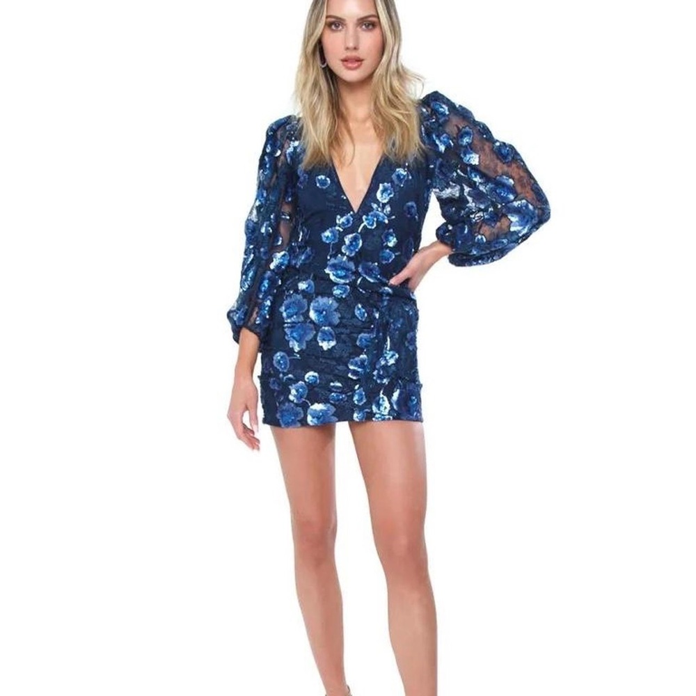 For love and lemons Victoria blue beaded floral, long sleeve dress Size M